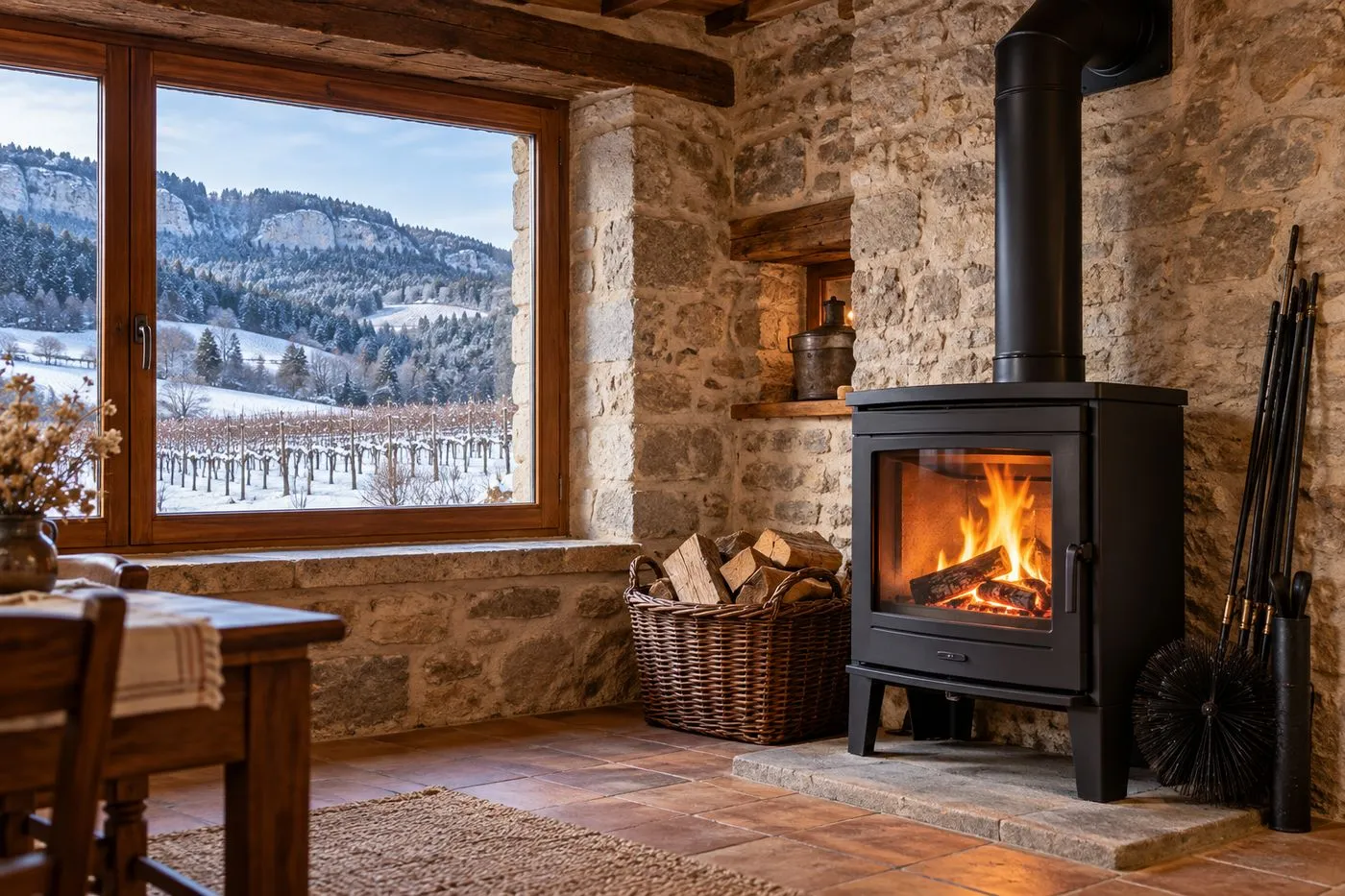 Poêle à bois ramoné dans une ferme comtoise du Jura, ambiance chaleureuse et chauffage sûr